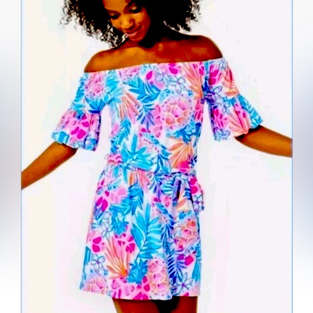 Off-Shoulder Tropical Print Women’s Jumpsuit in Pink & Blue